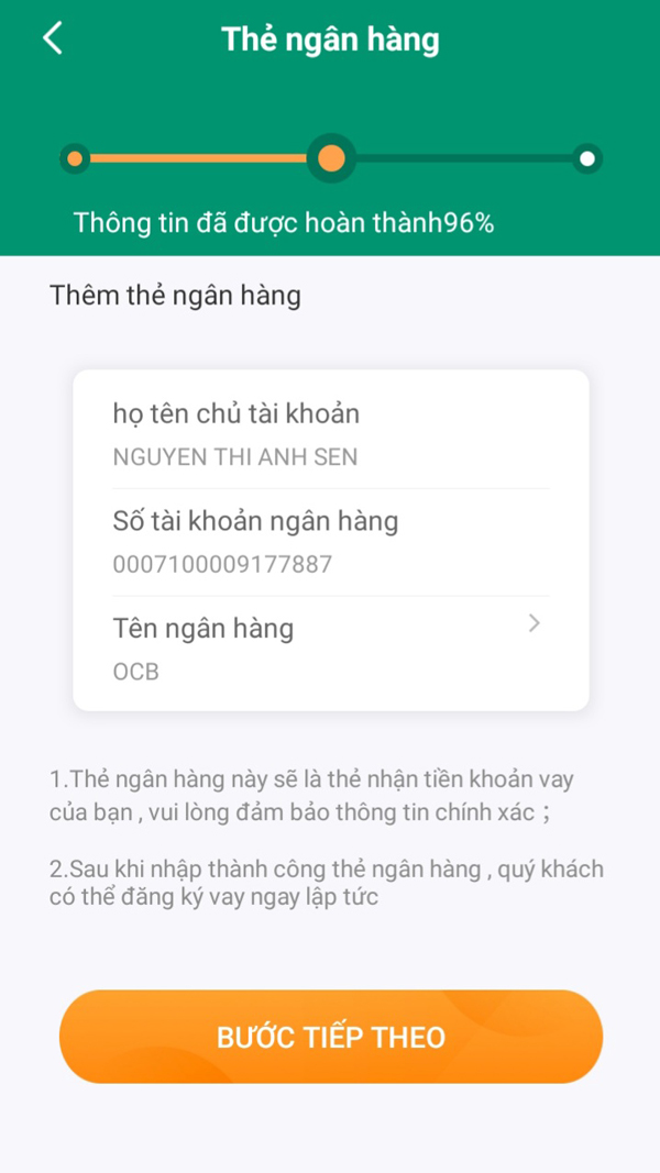 Nhập thông tin thẻ ngân hàng rồi nhấn “Bước tiếp theo” 