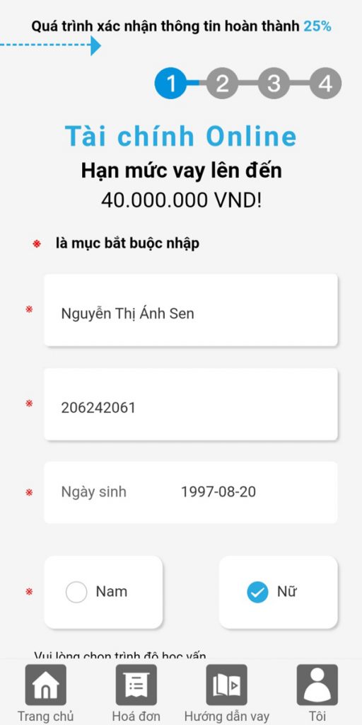  Bạn chọn mức vay từ 1 - 40 triệu đồng rồi điền số điện thoại