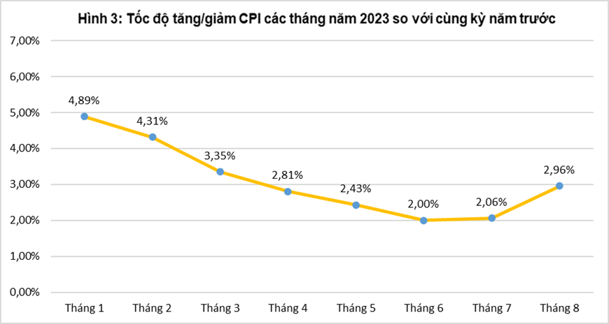 Sự biến động của chỉ số CPI hàng tháng trong năm 2023 so với cùng kỳ năm trước.