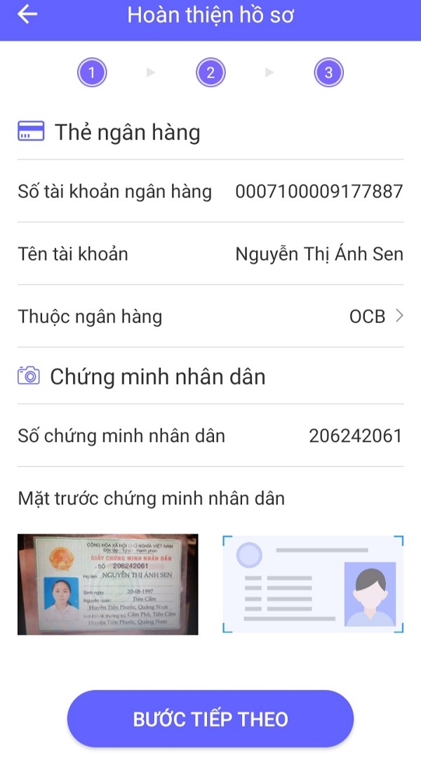 Tải ảnh CCCD/CMND, điền thông tin tài khoản ngân hàng