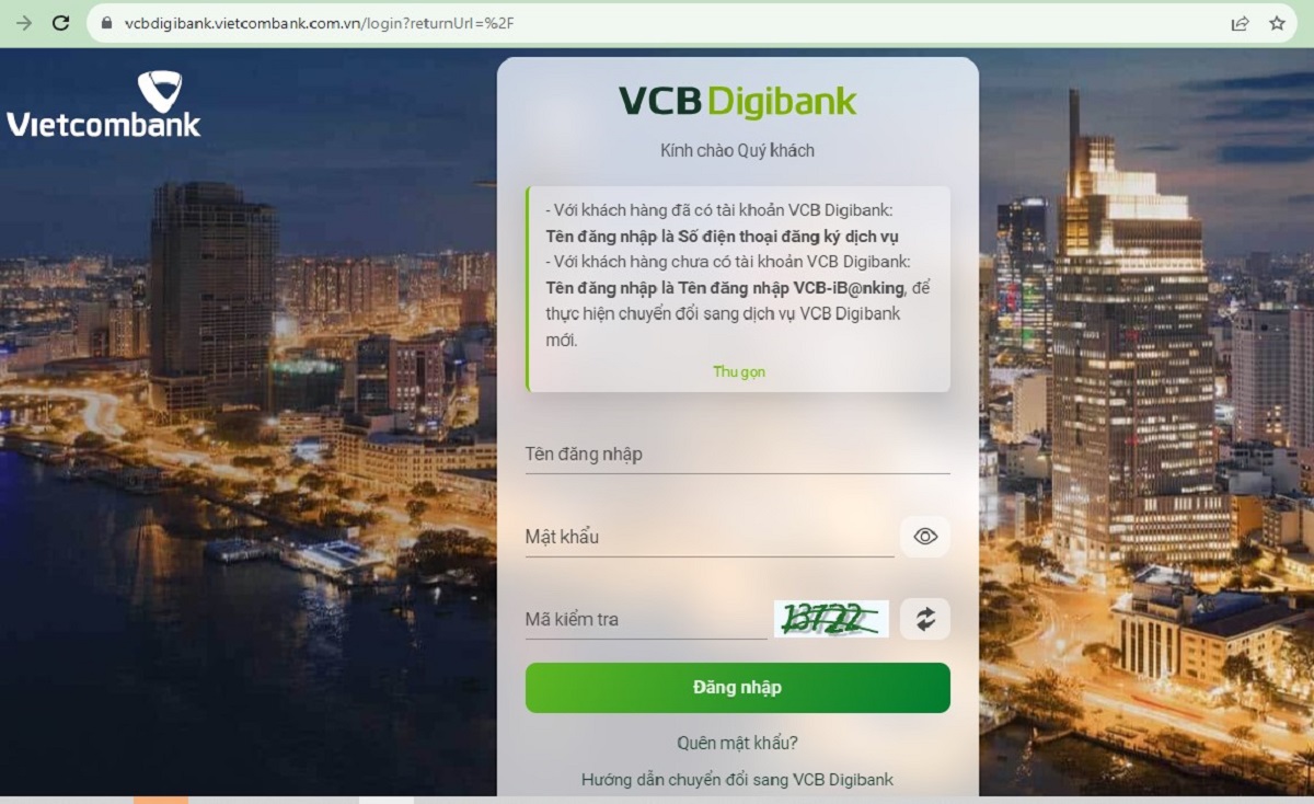 Đăng nhập vào tài khoản Vietcombank