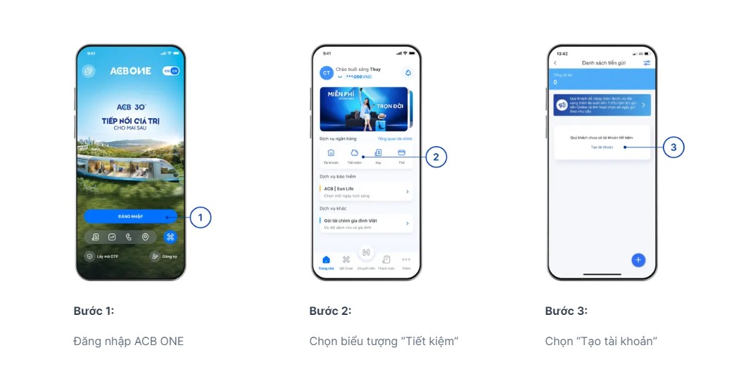 Đăng nhập vào tài khoản ACB và tiến hành mở sổ tiết kiệm online 