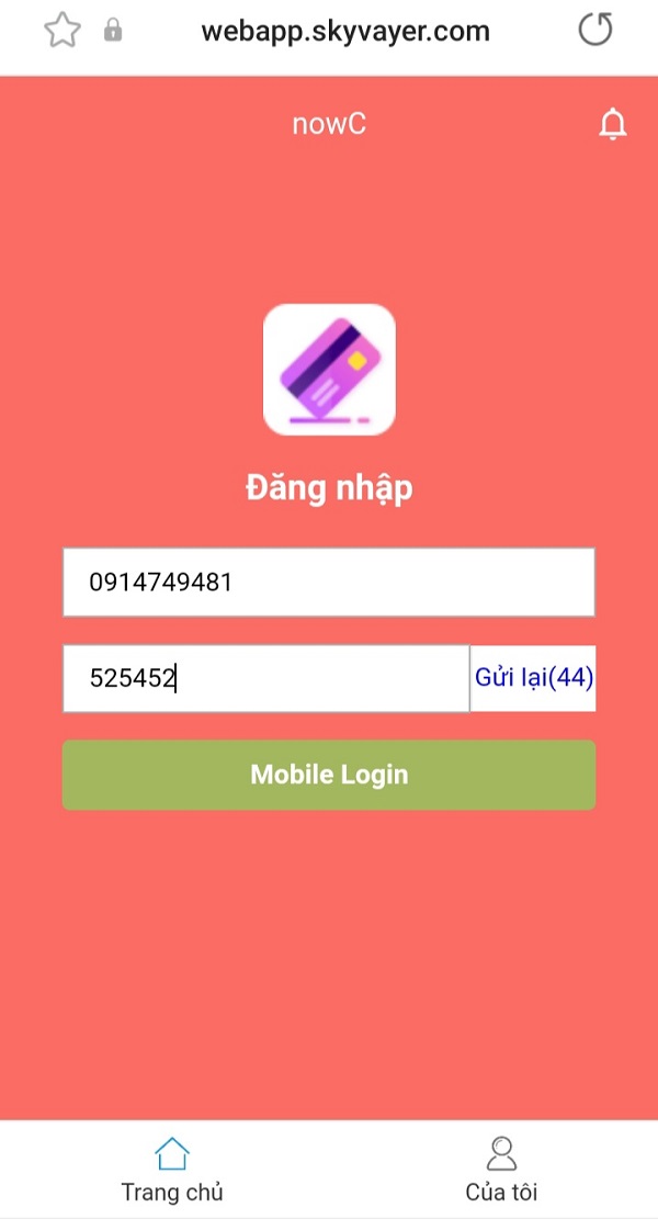 Hình ảnh đăng nhập vào app NowC Vay