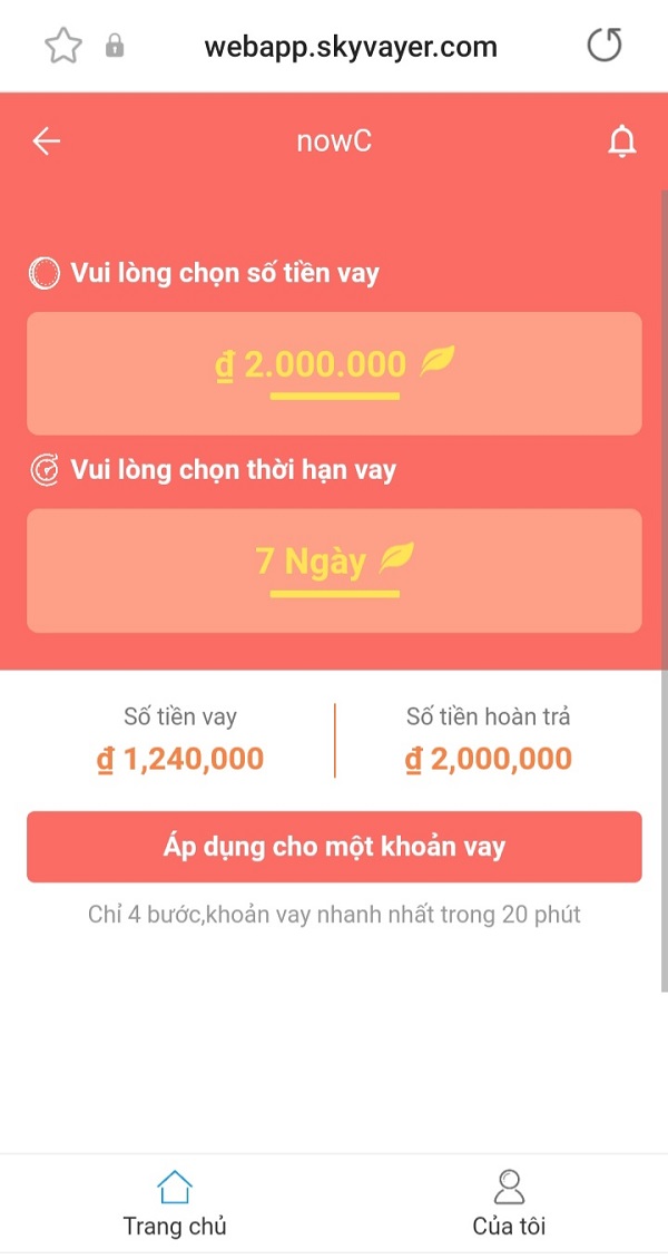 Hình ảnh đăng ký gói vay tại app NowC Vay 