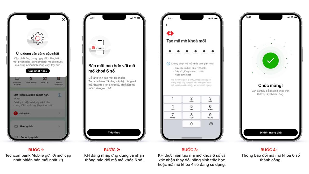 Hình ảnh các bước chuyển đổi sang Techcombank Mobile 