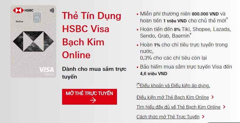 HSBC Visa Bạch kim với vô vàn những ưu đãi hấp dẫn