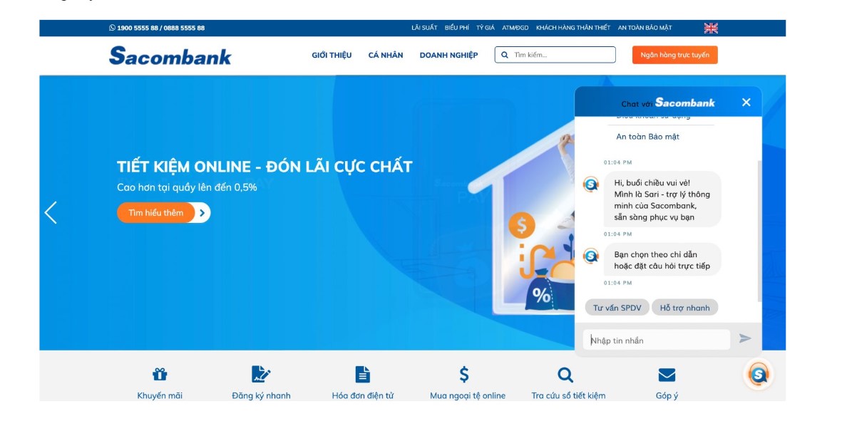 Phần mềm Live chat trên website Sacombank 