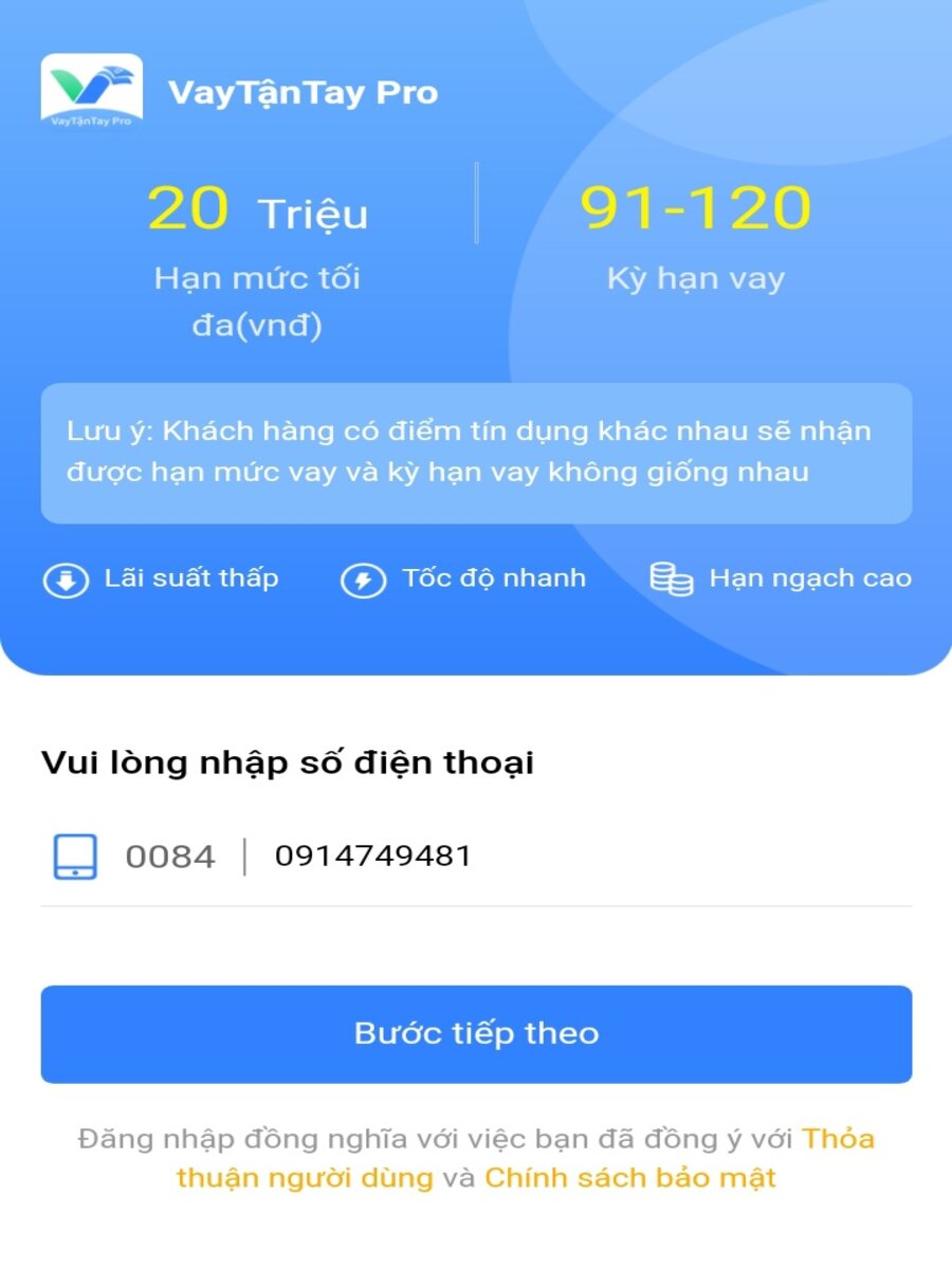 Hạn mức và kỳ hạn vay Vay Tận Tay Pro