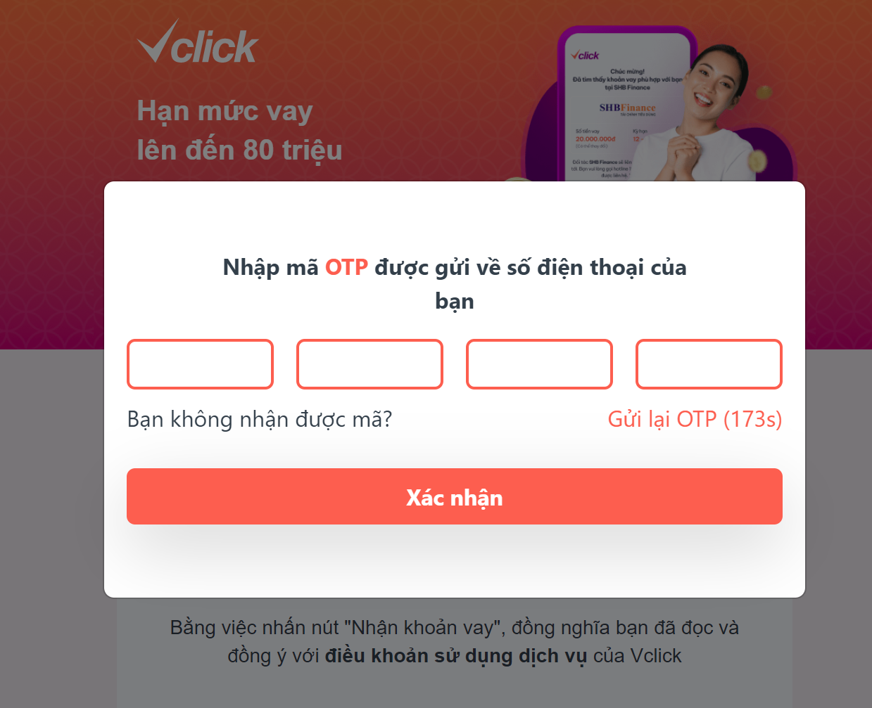 Nhập mã OTP gửi về điện thoại để xác minh thông tin