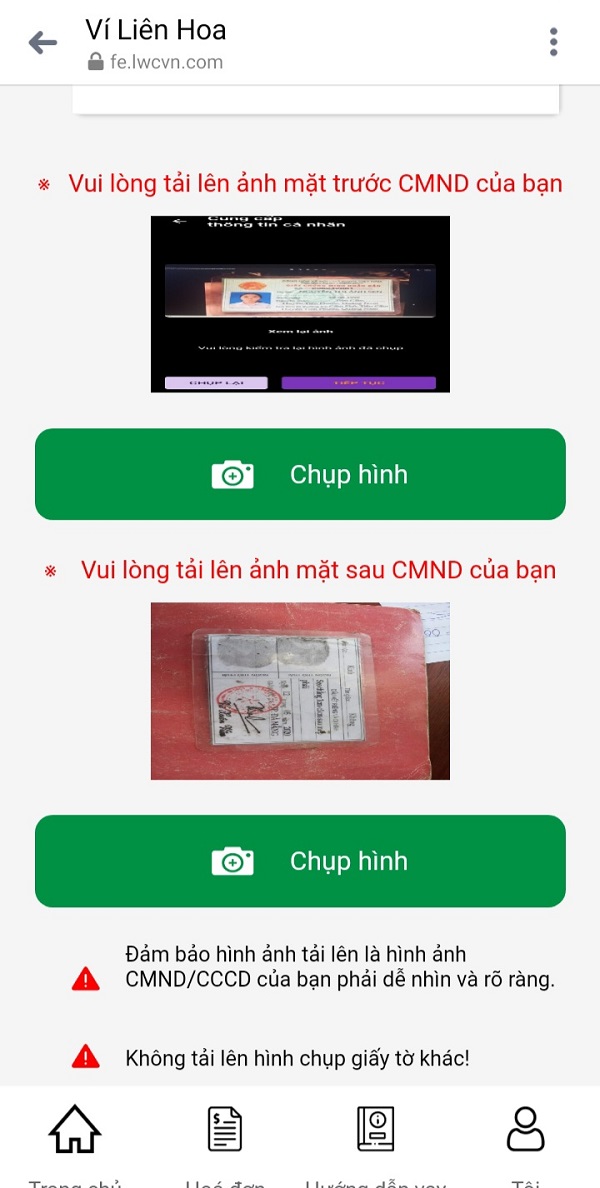 Tải hình CMND/CCCD để tiến hành xác minh