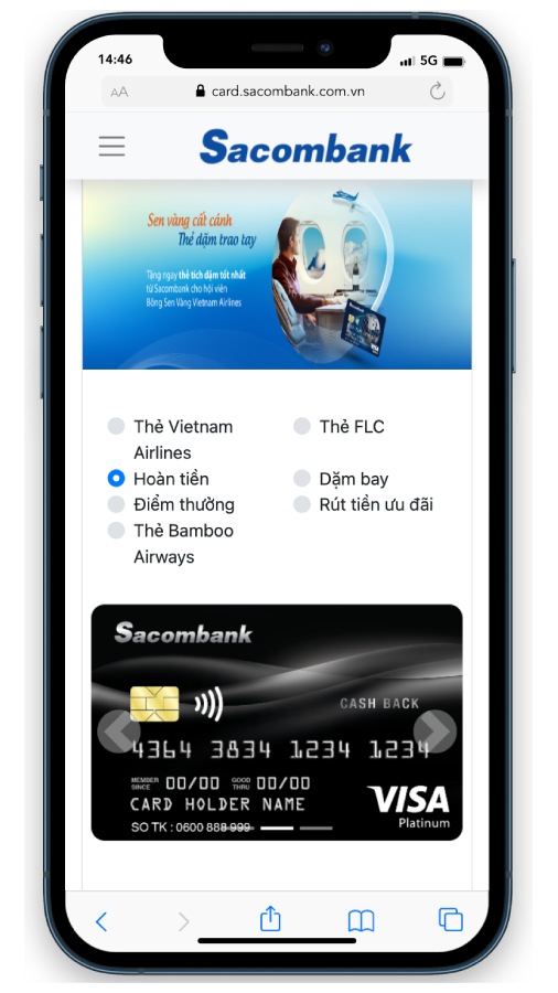 Trang mở thẻ online Sacombank
