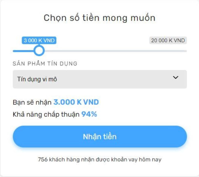 Nhập số tiền muốn vay rồi nhấn “Nhận tiền” để tiếp tục