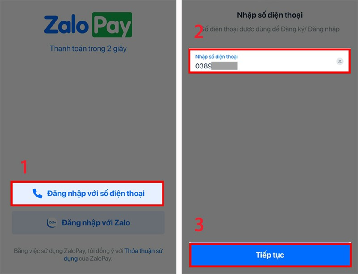 Bạn nhập số điện thoại đăng ký tài khoản ZaloPay rồi nhấn “Tiếp tục”
