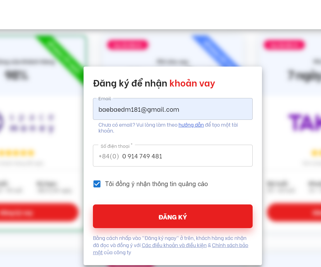 Đầy thông tin email và số điện thoại theo yêu cầu của hệ thống